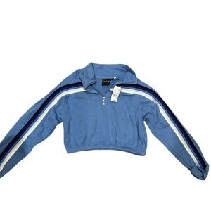 Light Blue Cropped Pullover Hoodie Collared Zipper Navy White Stripes NEVER WORN